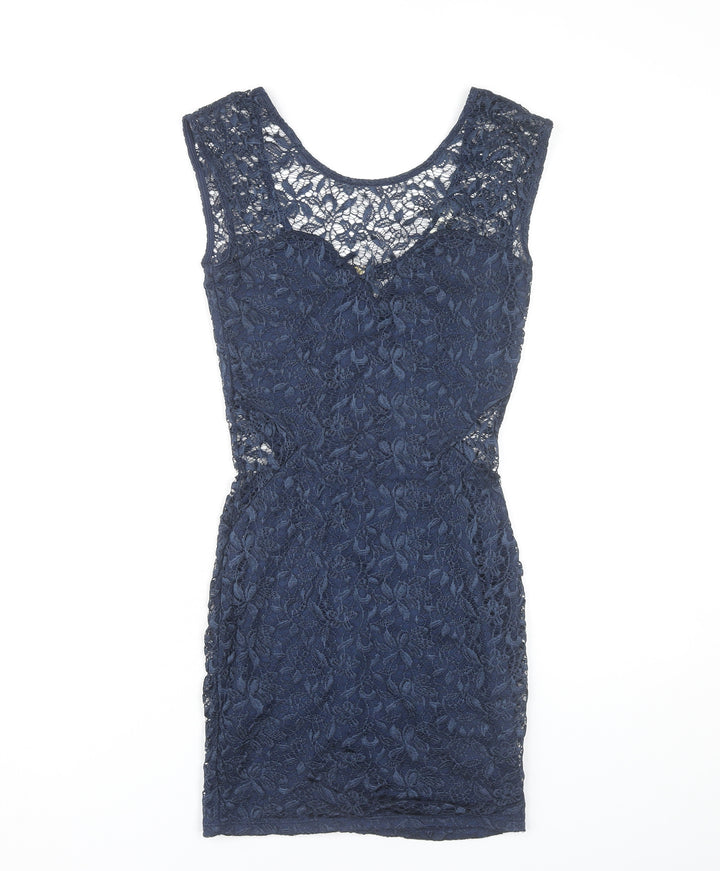 River Island Women’s Blue Lace Bodycon Dress Size 8 Short Scoop Neck