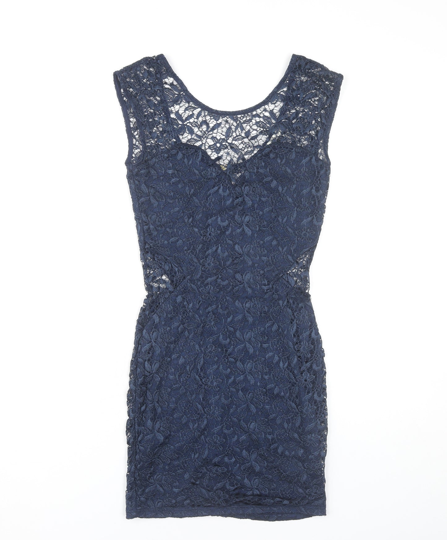 River Island Women’s Blue Lace Bodycon Dress Size 8 Short Scoop Neck