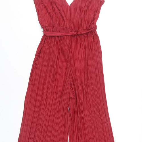 Topshop Women’s Red Pleated Wide-Leg Jumpsuit UK 8 Sleeveless V-Neck