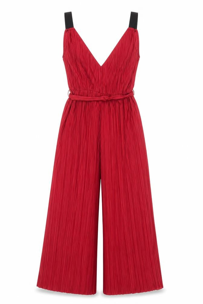 Topshop Women’s Red Pleated Wide-Leg Jumpsuit UK 8 Sleeveless V-Neck