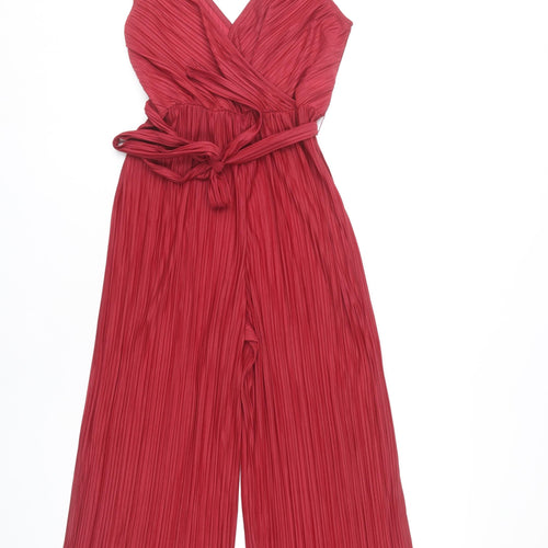 Topshop Women’s Red Pleated Wide-Leg Jumpsuit UK 8 Sleeveless V-Neck
