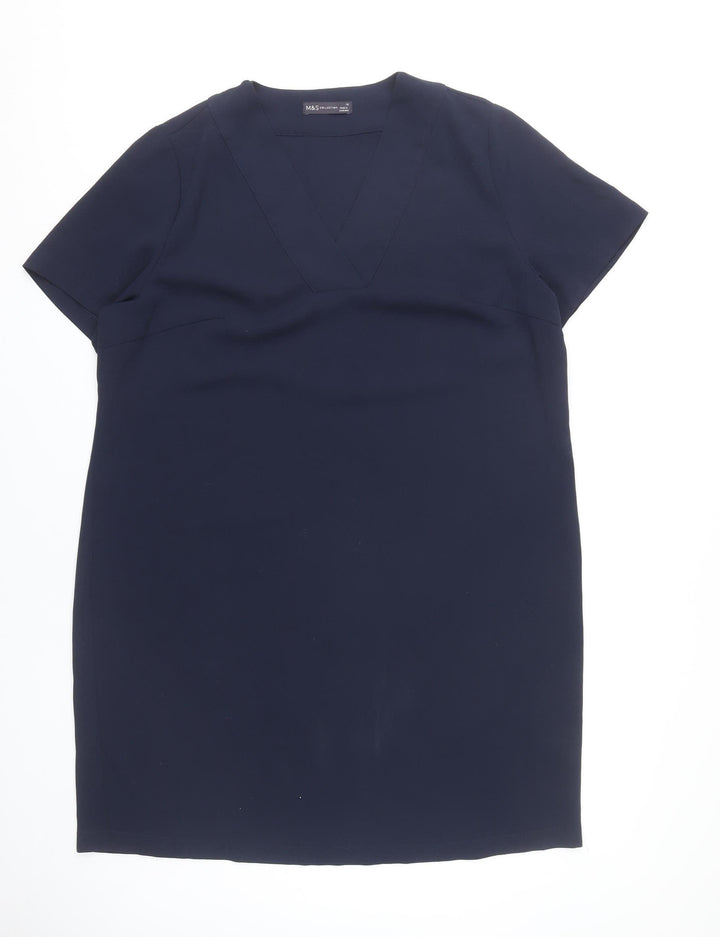 Marks and Spencer Womens Blue Size 18 Shift Dress V-Neck Short Sleeve