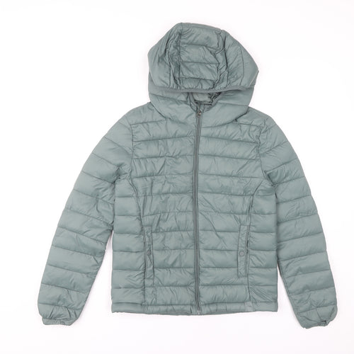 Pull&Bear Womens XS Green Puffer Jacket Hooded Lightweight Coat