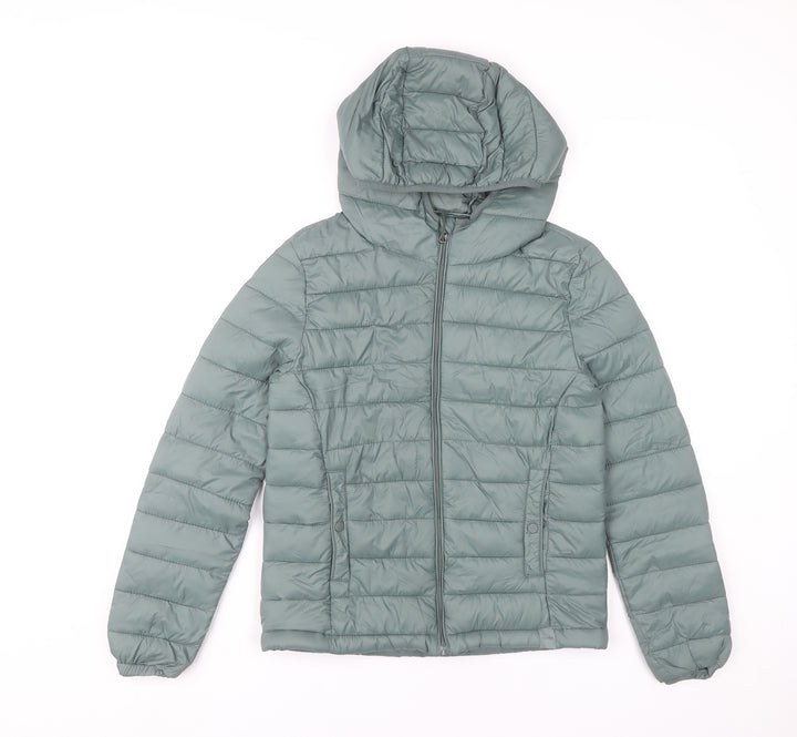 Pull&Bear Womens XS Green Puffer Jacket Hooded Lightweight Coat