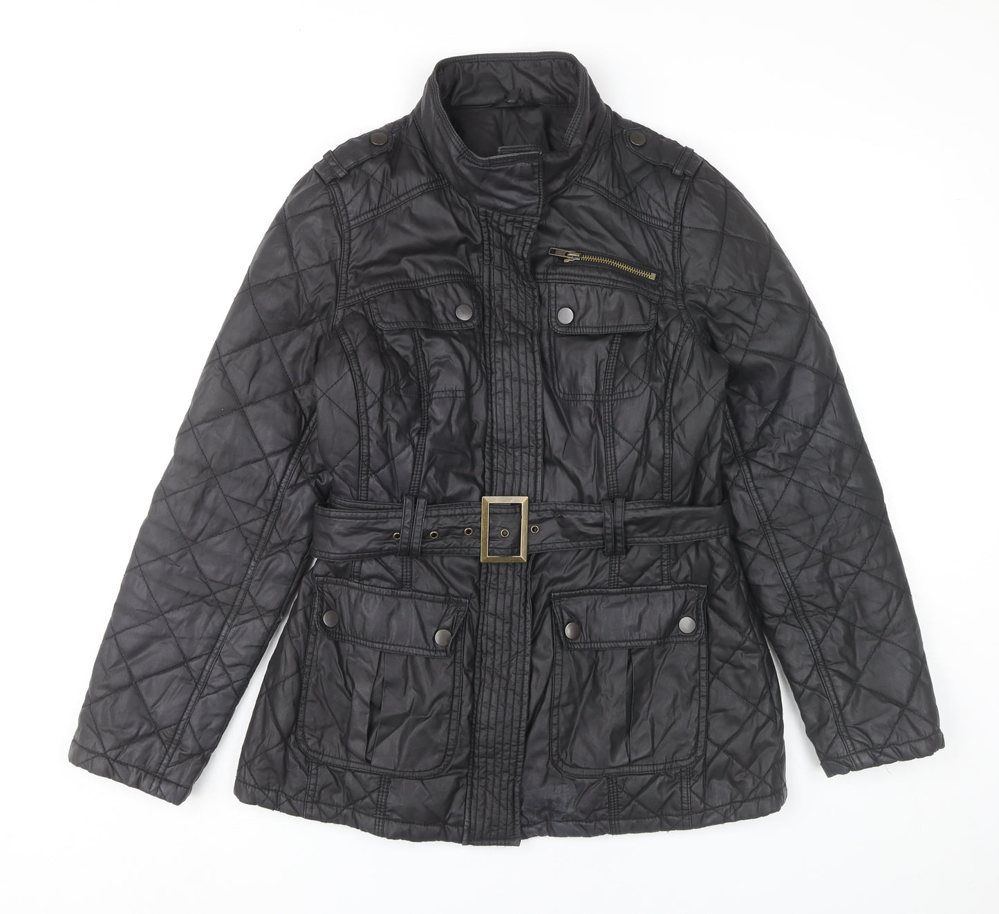 Marks and Spencer Womens Black Quilted Mid Length Belted Jacket UK 10