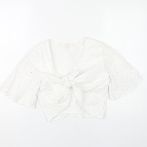 Roxy Womens White Cotton Cropped Blouse XS Boho Tie Front Top