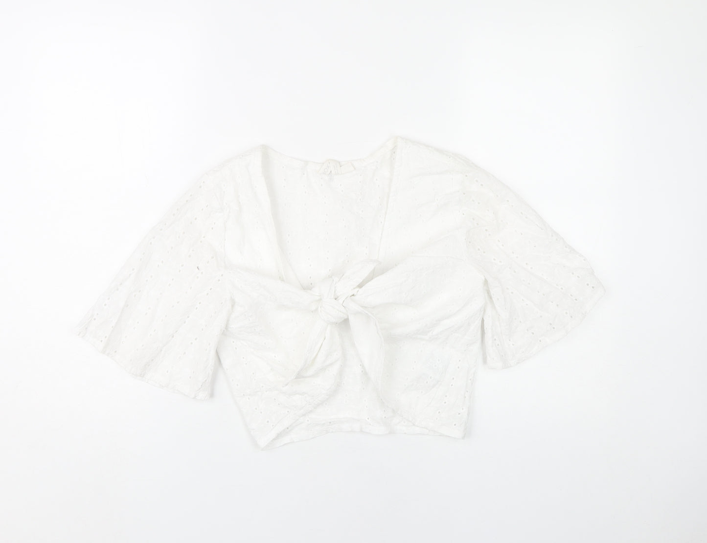 Roxy Womens White Cotton Cropped Blouse XS Boho Tie Front Top