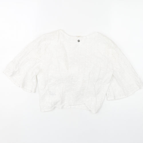 Roxy Womens White Cotton Cropped Blouse XS Boho Tie Front Top