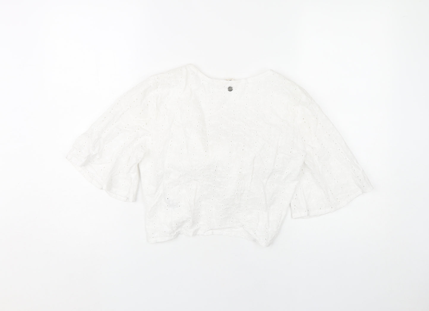 Roxy Womens White Cotton Cropped Blouse XS Boho Tie Front Top