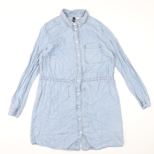 H&M Divided Womens Blue Lyocell Shirt Dress Size 10 Casual Long Sleeve