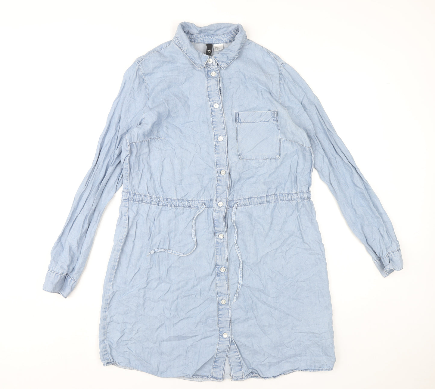 H&M Divided Womens Blue Lyocell Shirt Dress Size 10 Casual Long Sleeve