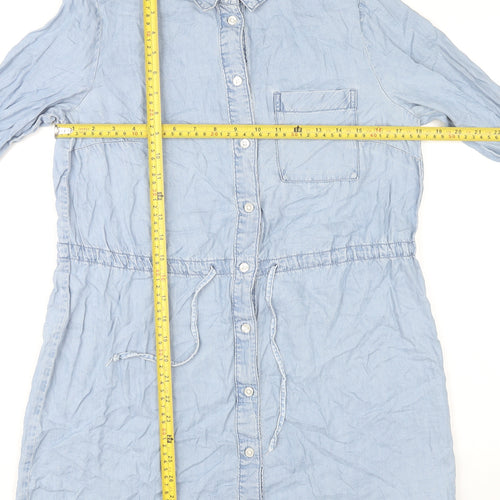 H&M Divided Womens Blue Lyocell Shirt Dress Size 10 Casual Long Sleeve