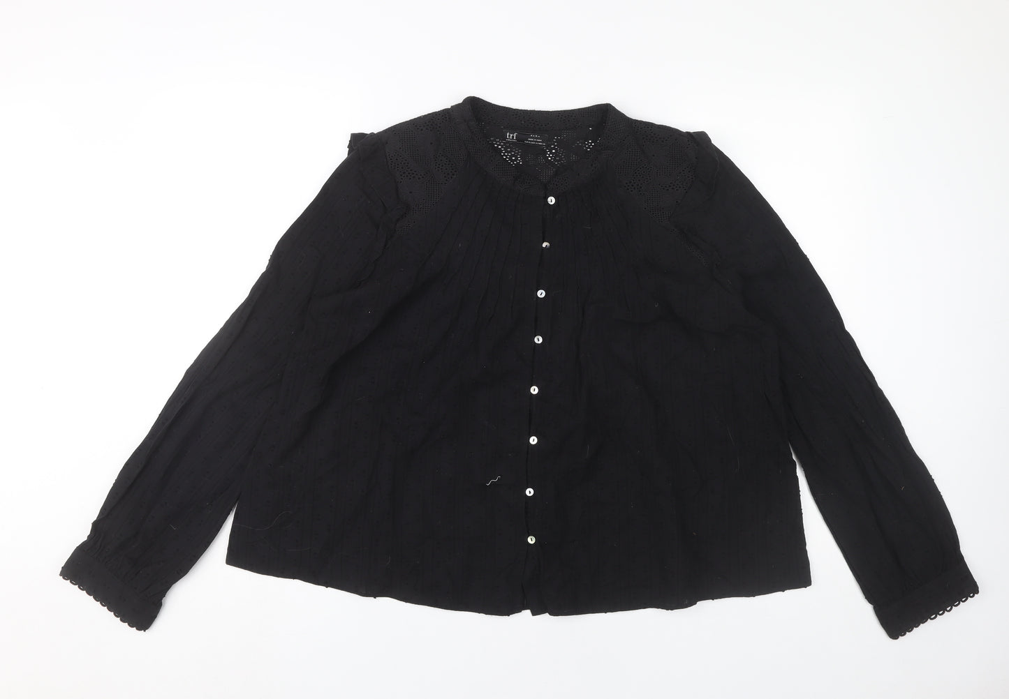 Zara Women Black Cotton Long Sleeve Button Blouse Size 14