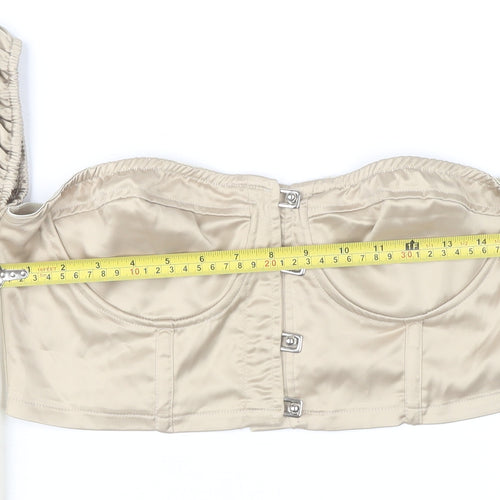 PrettyLittleThing Womens Beige Off Shoulder Satin Cropped Blouse UK 12