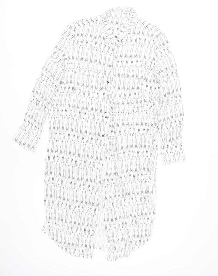 Mango Women’s White Geometric Shirt Dress XS Long Sleeve Viscose