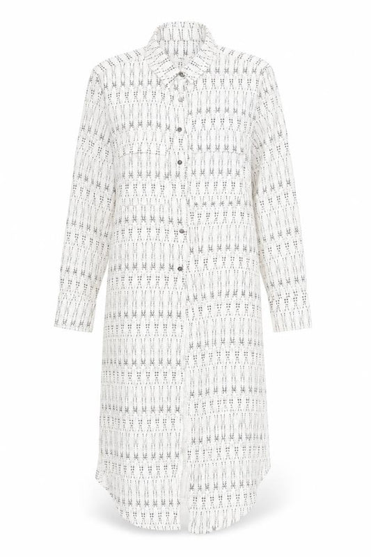 Front view of Mango Women’s White Geometric Shirt Dress XS Long Sleeve Viscose