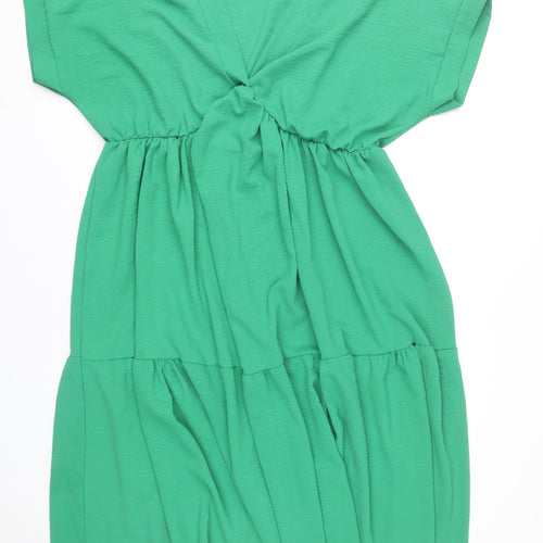 Misumi Women Green Midi Smocked Dress L V-Neck Short Sleeve Jersey