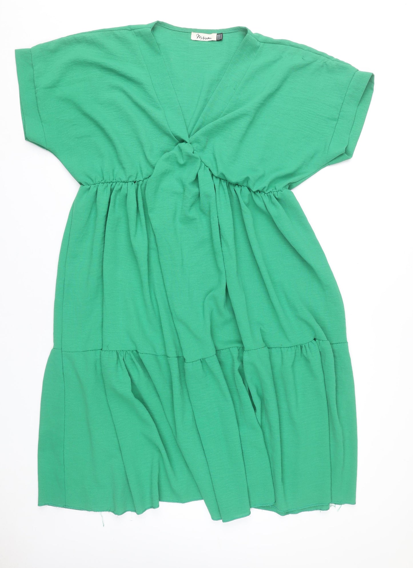 Misumi Women Green Midi Smocked Dress L V-Neck Short Sleeve Jersey
