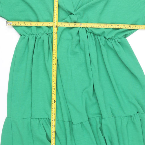Misumi Women Green Midi Smocked Dress L V-Neck Short Sleeve Jersey