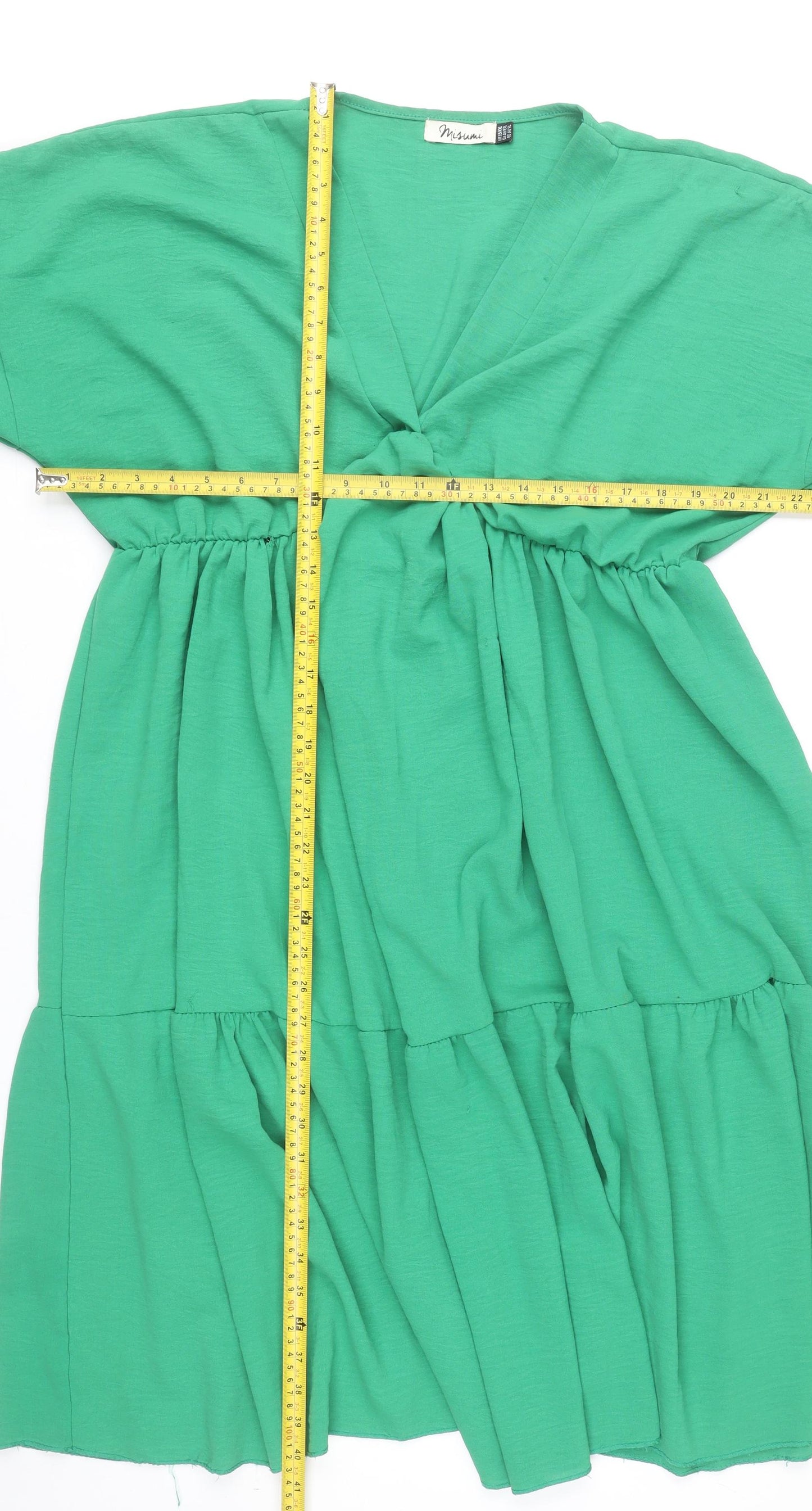 Misumi Women Green Midi Smocked Dress L V-Neck Short Sleeve Jersey