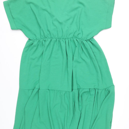 Misumi Women Green Midi Smocked Dress L V-Neck Short Sleeve Jersey