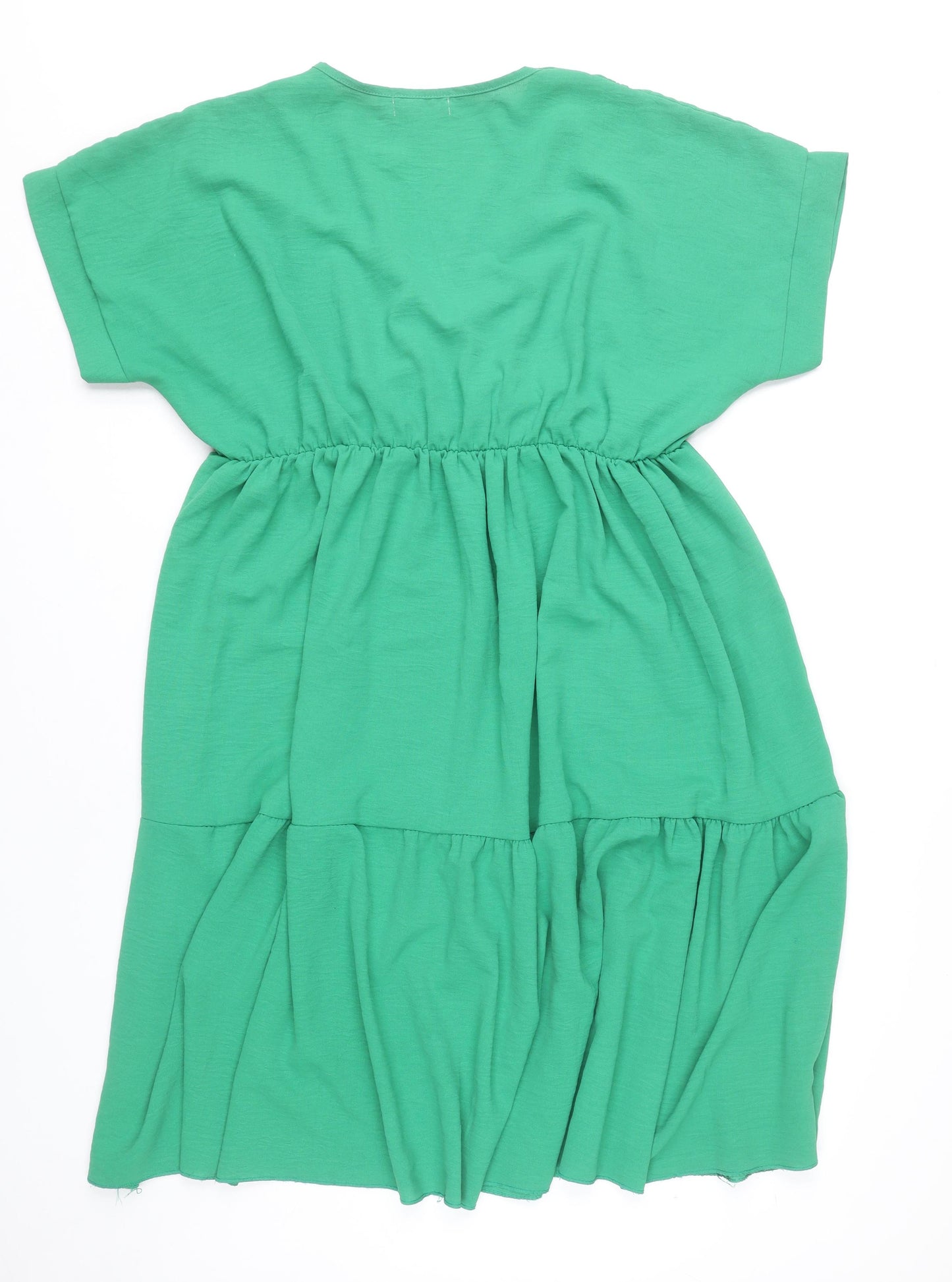 Misumi Women Green Midi Smocked Dress L V-Neck Short Sleeve Jersey
