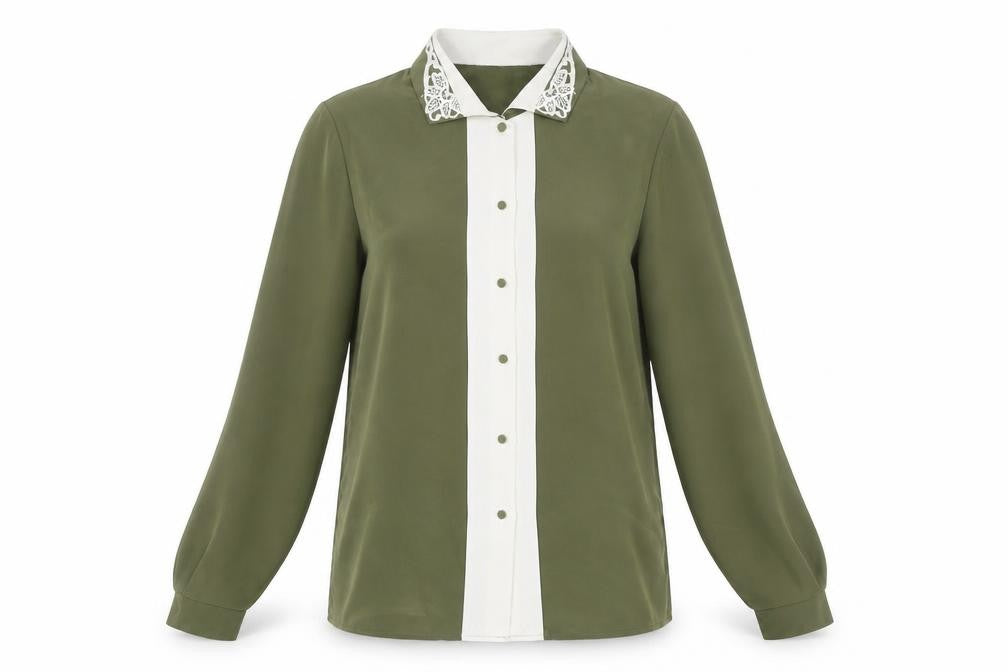 Front view of Jamie Oliver women’s green button-up shirt, size UK 10, collared long sleeve
