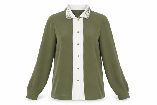 Front view of Jamie Oliver women’s green button-up shirt, size UK 10, collared long sleeve
