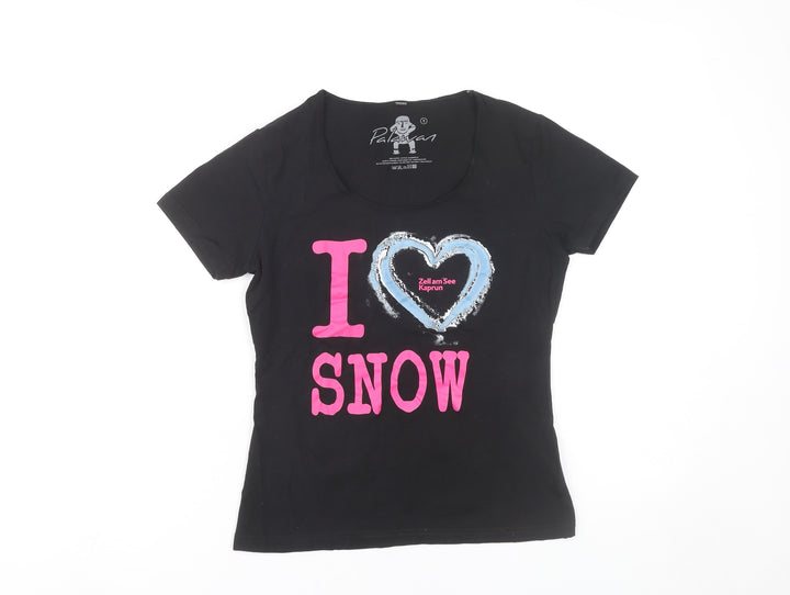 Palawan Womens Black Scoop Neck Graphic Snow Print T-Shirt Size S