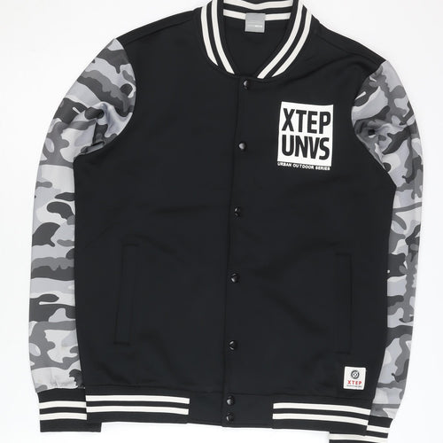 Xtep Men’s Black Varsity Jacket M Camouflage Sleeves Logo Casual