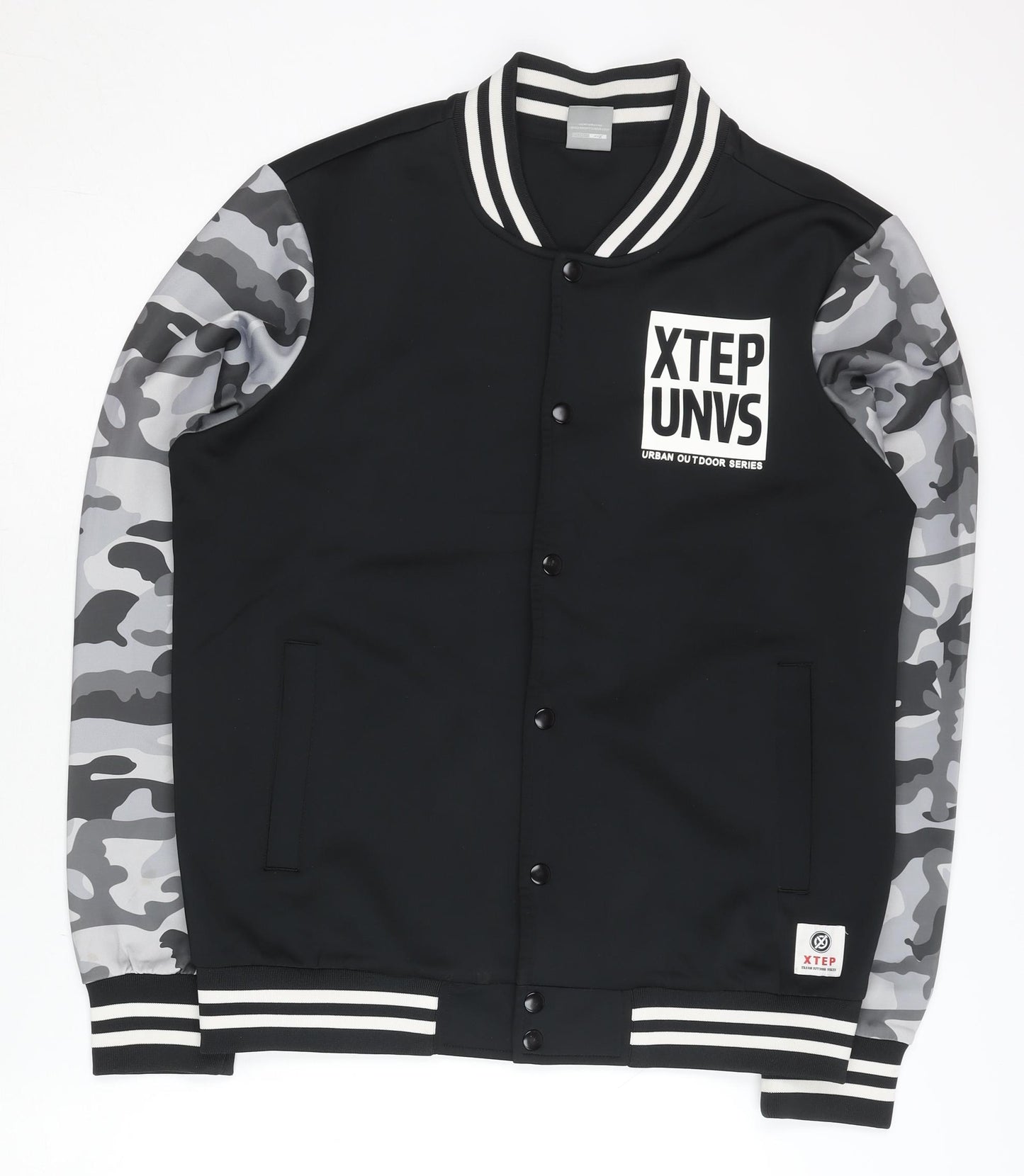 Xtep Men’s Black Varsity Jacket M Camouflage Sleeves Logo Casual