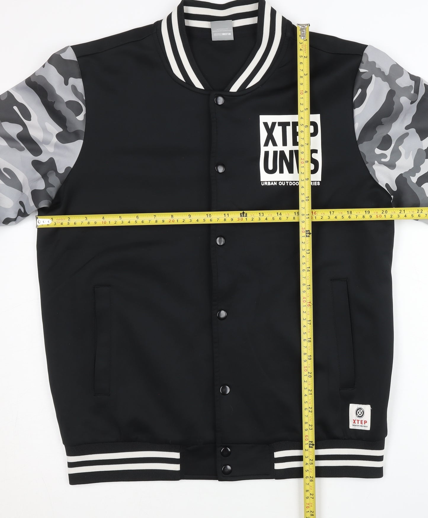 Xtep Men’s Black Varsity Jacket M Camouflage Sleeves Logo Casual