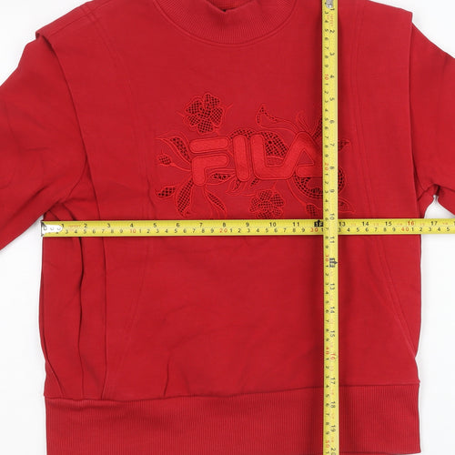 Fila Womens Red Sweatshirt UK 6 Cotton Blend Floral Logo Pullover