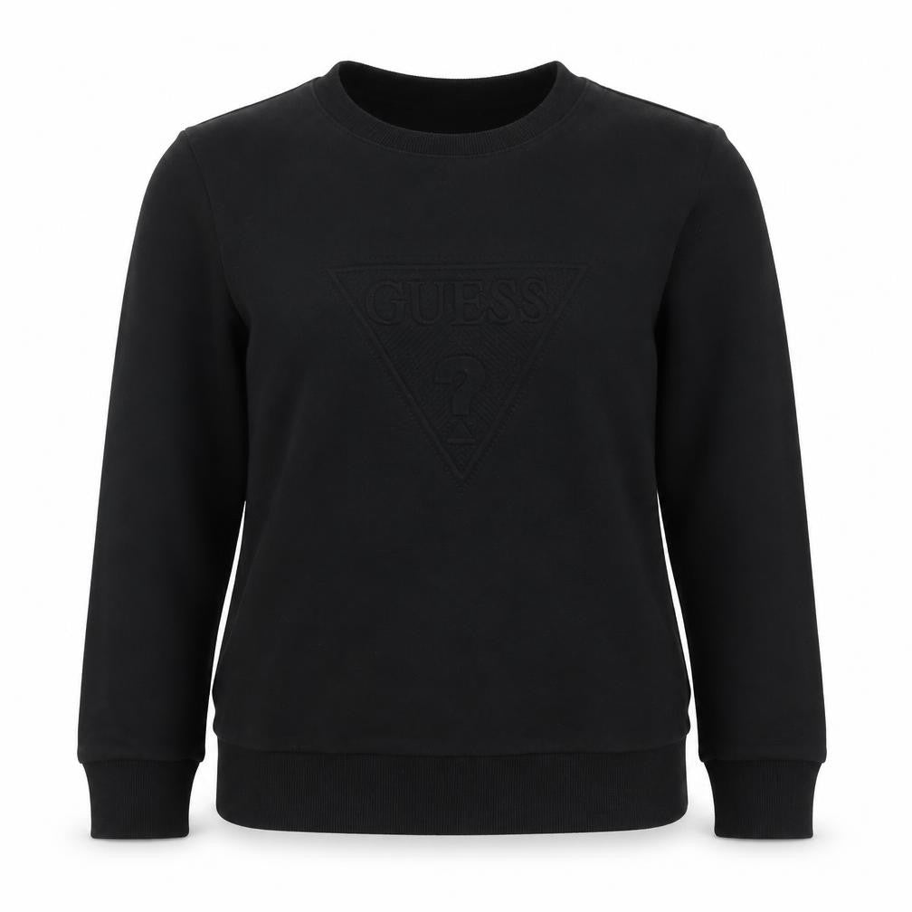 Front view of Guess women’s black xs pullover sweatshirt logo crew neck