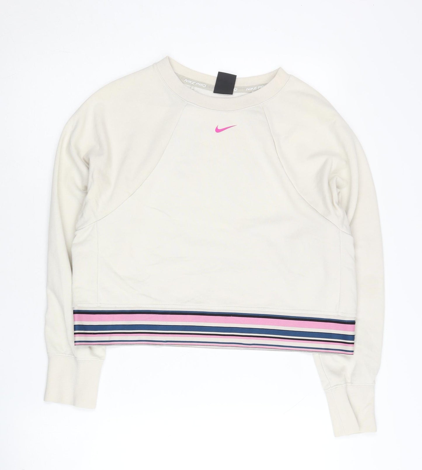 Nike Pro Women’s Beige Sweatshirt Medium Striped Hem Dri-FIT