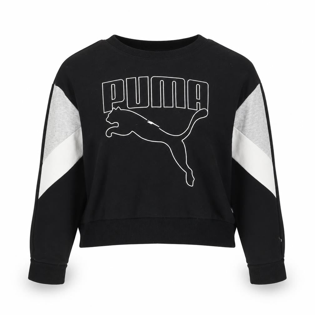 Front view of Puma women’s black sweatshirt m pullover logo long sleeve sportswear