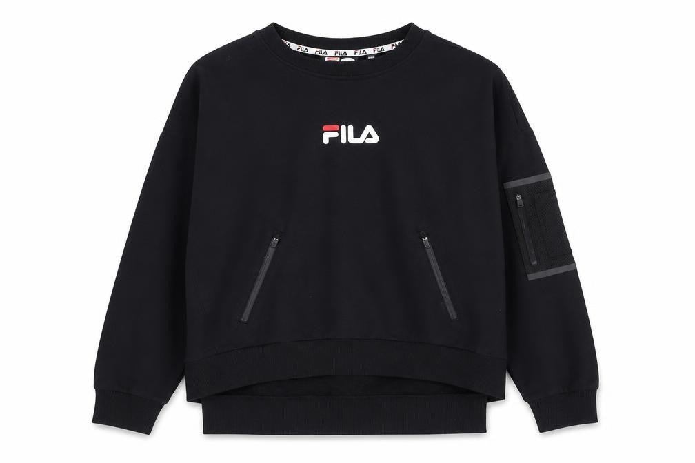 Front view of Fila Women’s Black Logo Pullover Sweatshirt, size UK 8, Regular Fit