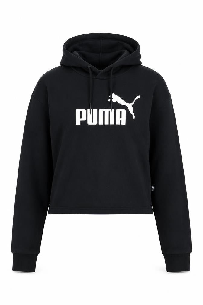 Front view of Puma women’s black small pullover hoodie sweatshirt logo sportswear