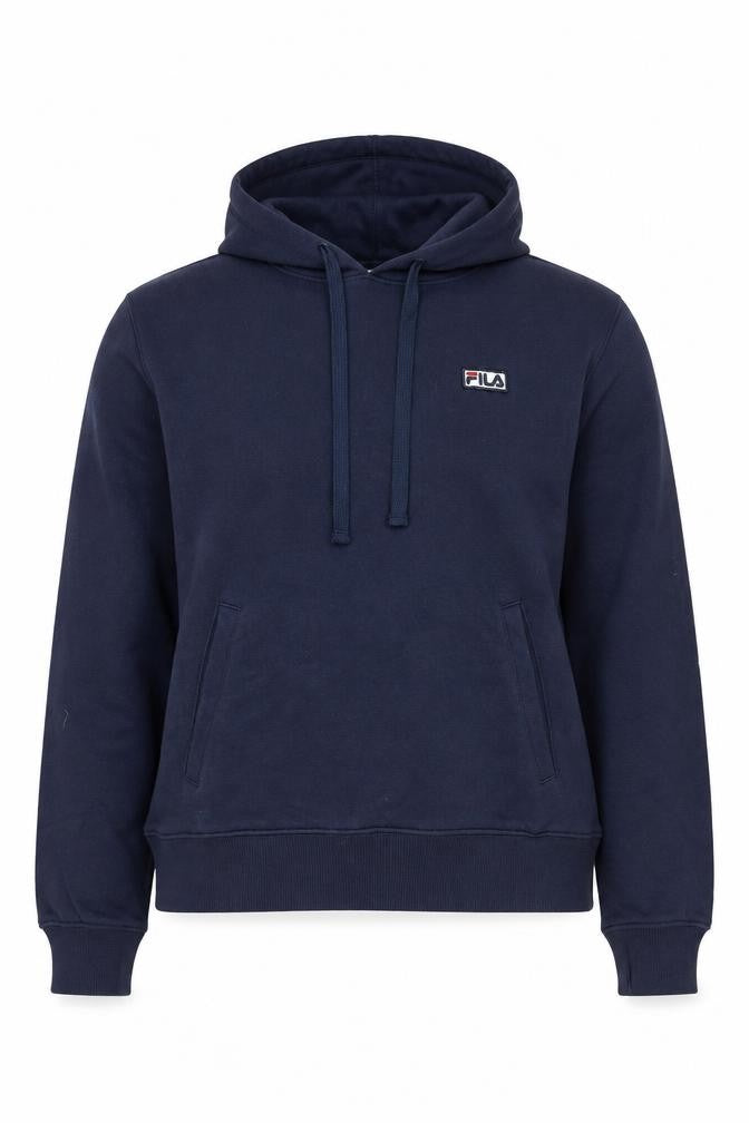Front view of Fila Women’s Navy Blue Pullover Hoodie, size M, Cotton Blend