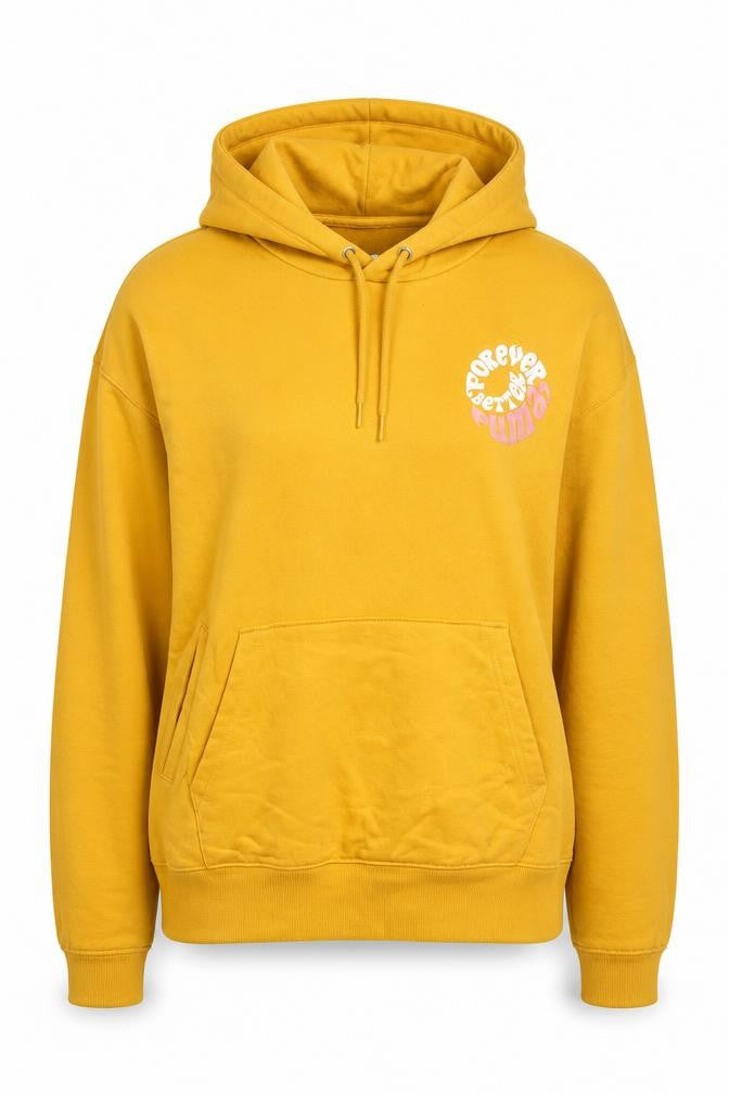 Front view of Puma women’s yellow pullover hoodie xs long sleeve cotton