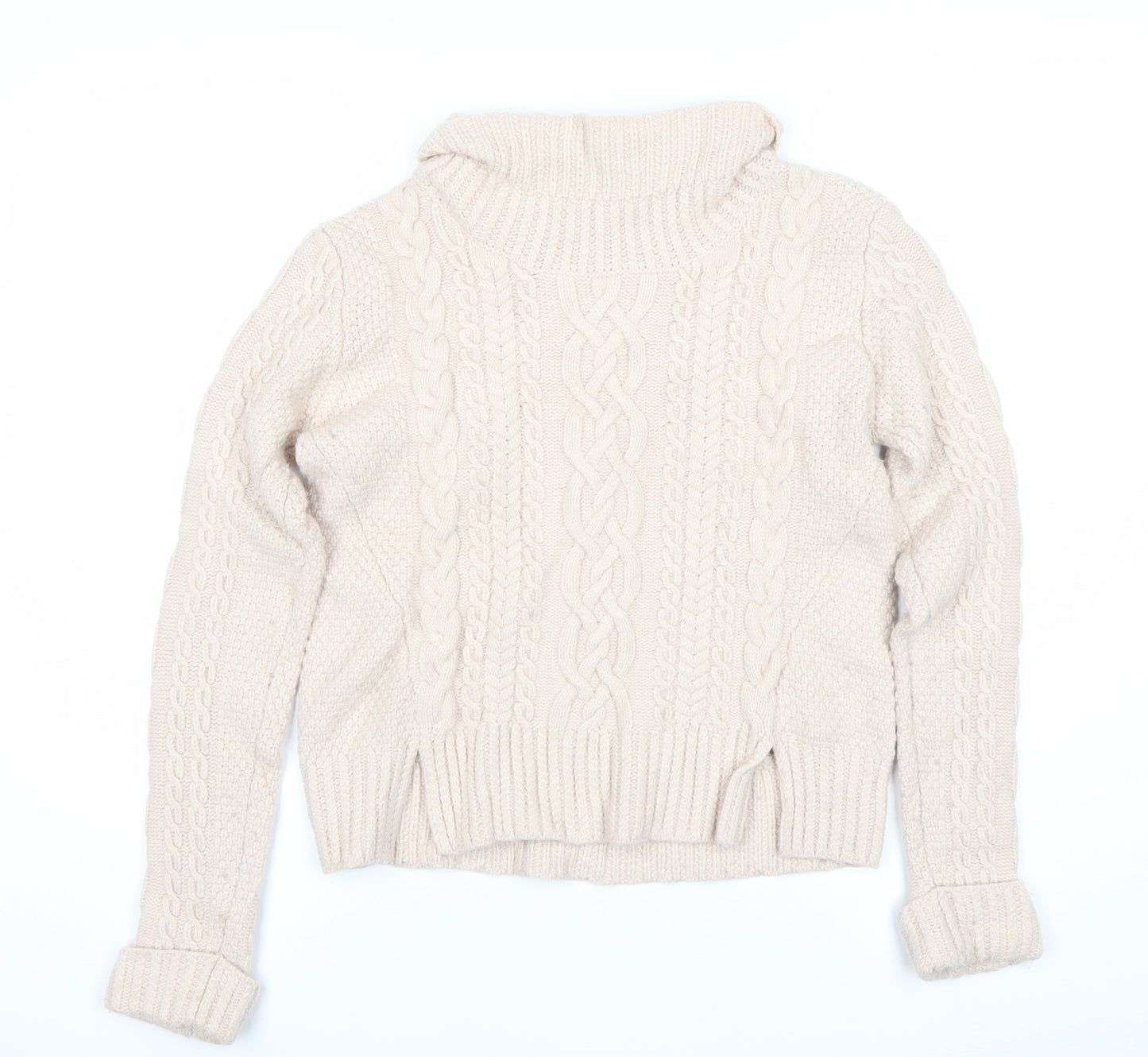 French Connection Womens Beige Wool Roll Neck Cable Knit Jumper S