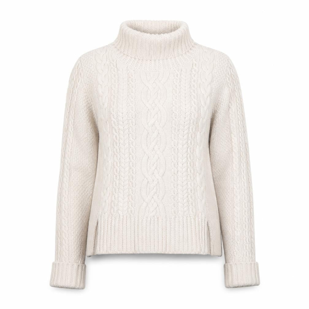 Front view of French Connection women’s beige wool roll neck cable knit jumper s