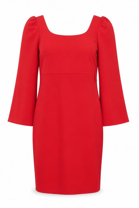 Front view of Quiz Women’s Red Bodycon Square Neck Puff Sleeve Dress, size UK 10