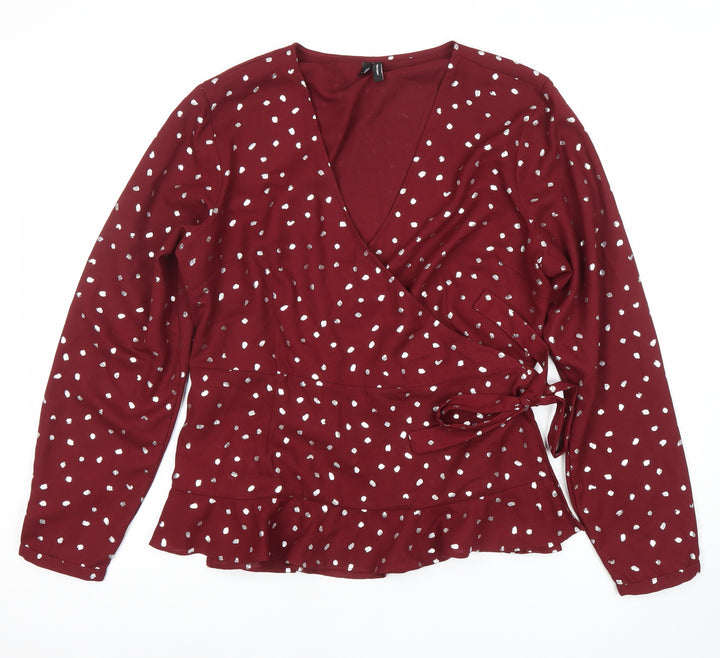 Vero Moda Women’s Red Polka Dot Wrap Blouse XL Long Sleeve