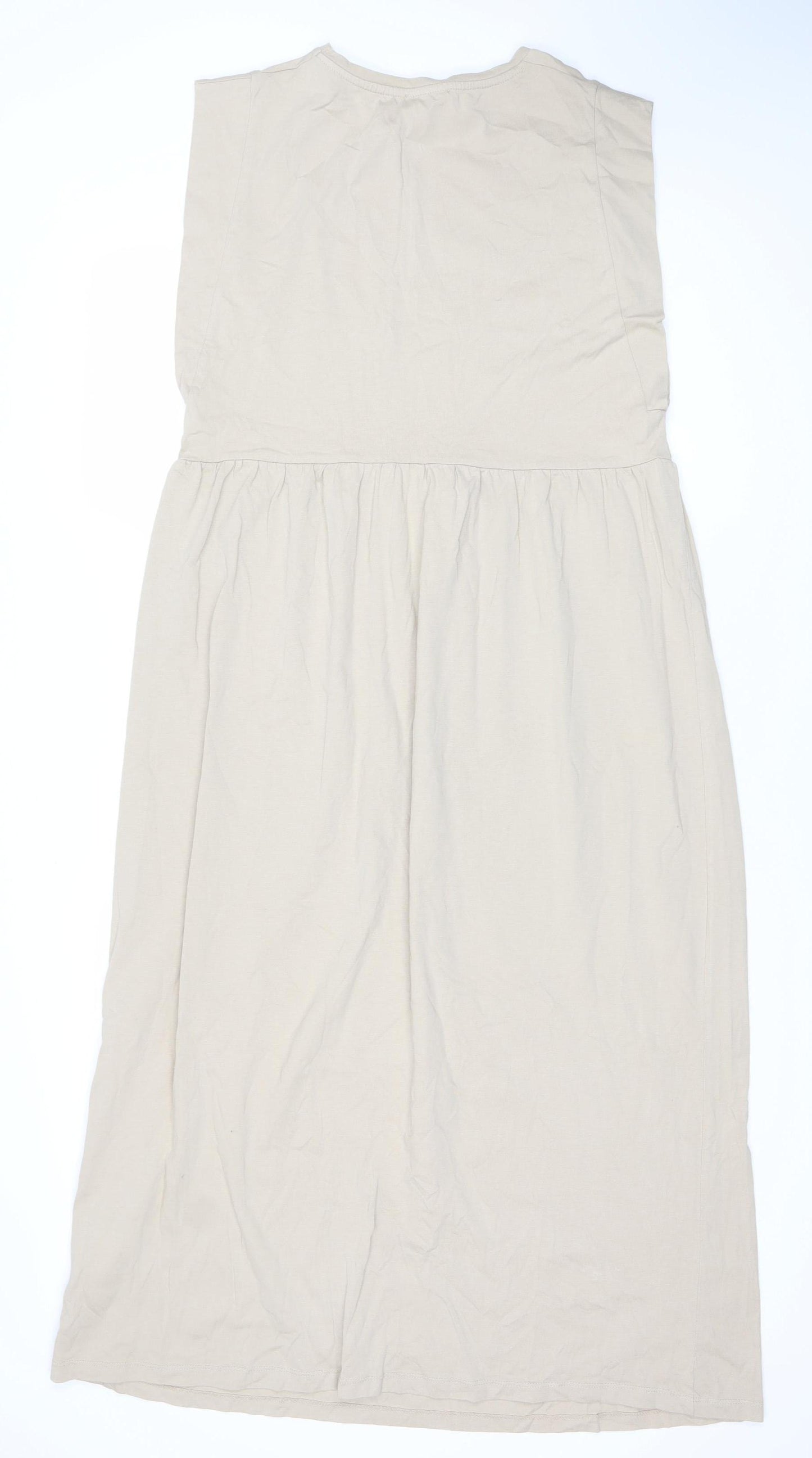 ZARA Women Beige A-Line Midi Dress Size 12 Sleeveless Cotton