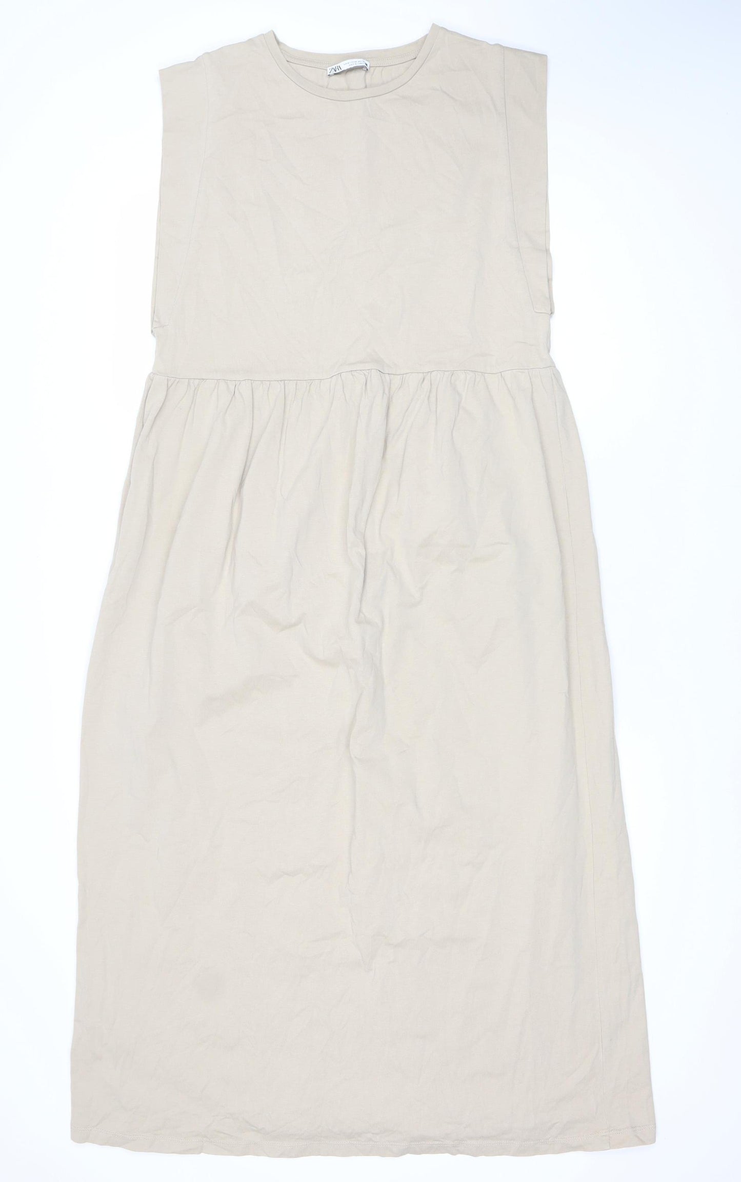 ZARA Women Beige A-Line Midi Dress Size 12 Sleeveless Cotton
