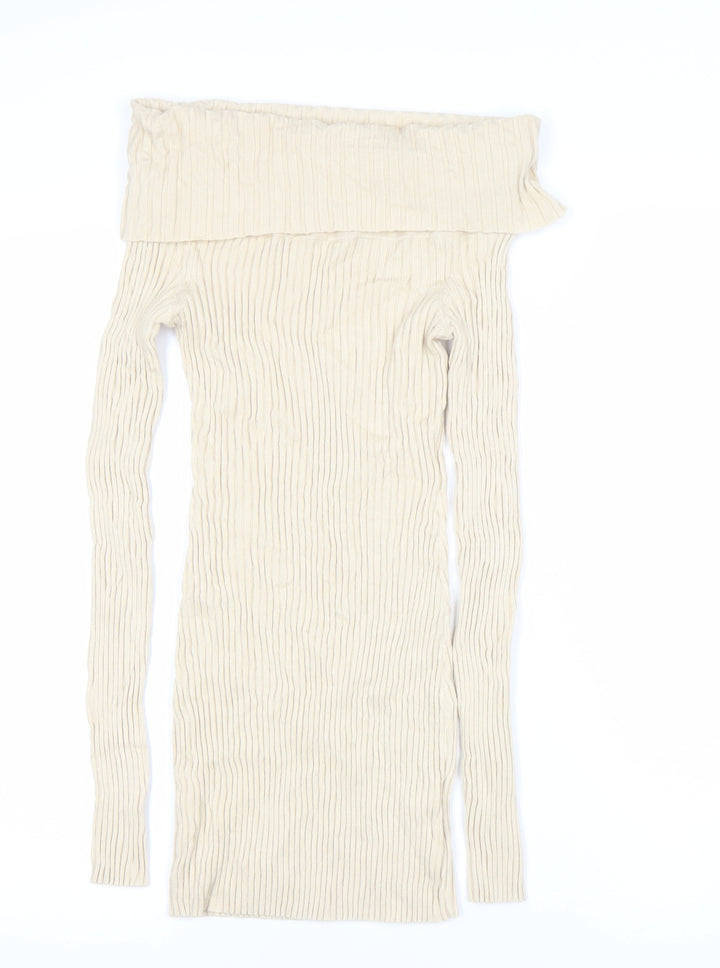 Urban Outfitters Women’s Beige Off Shoulder Ribbed Bodycon Dress S