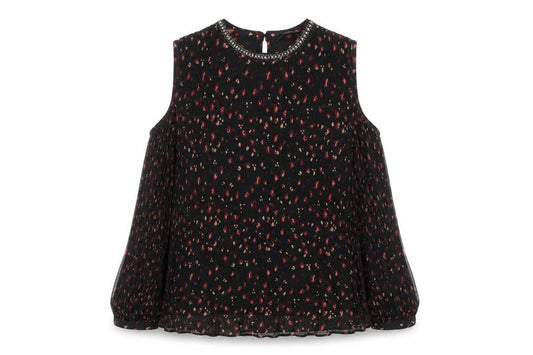 Front view of Next Women Black Animal Print Cold Shoulder Tunic Blouse, size 12