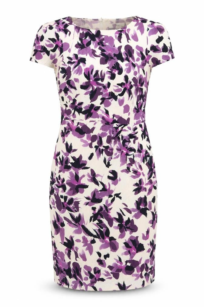 Front view of Viyella women’s strapless floral sheath dress, size UK 10, multicoloured