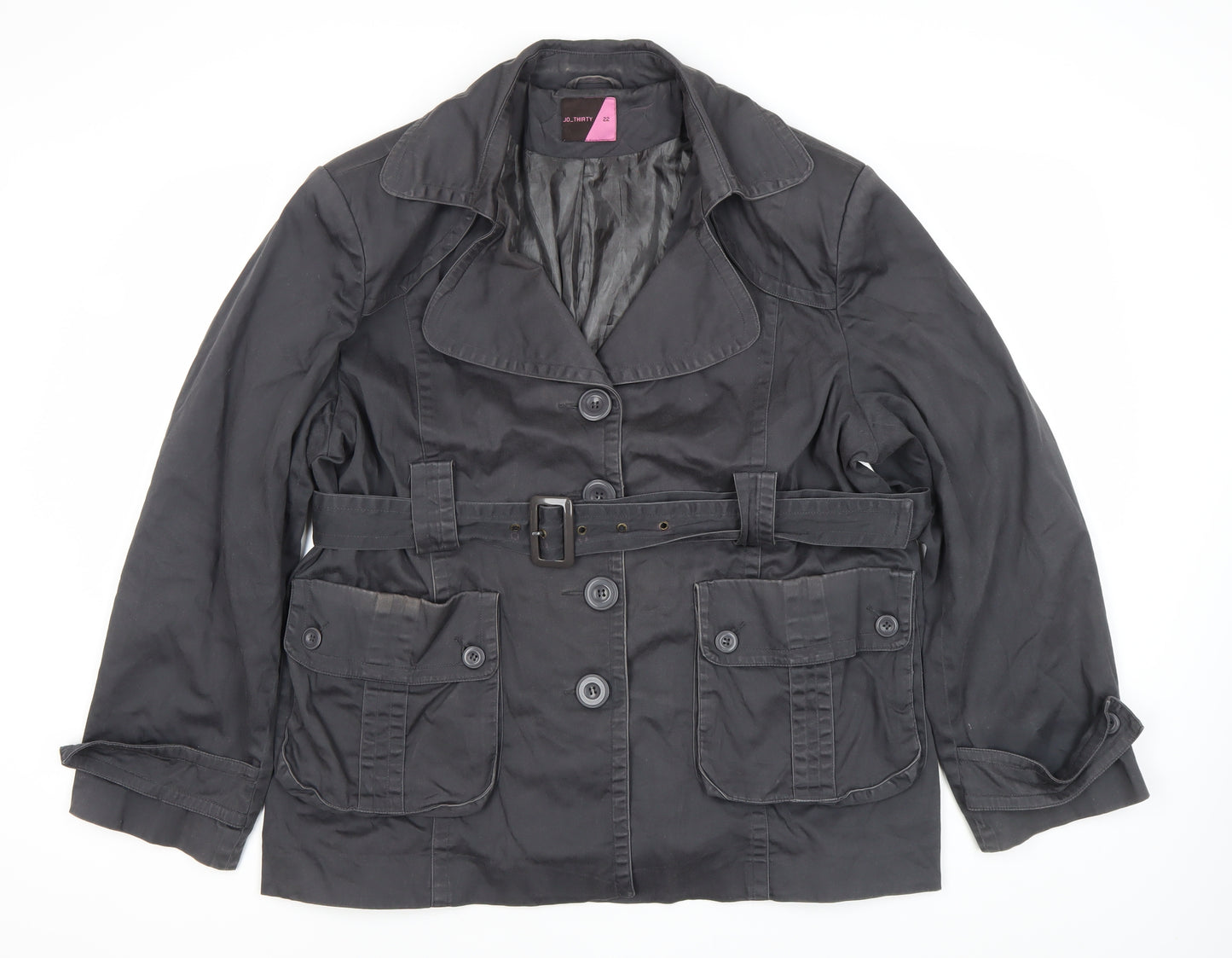 JO THIRTY Women's Black Trench Coat Size 22 Belted Mid-Length